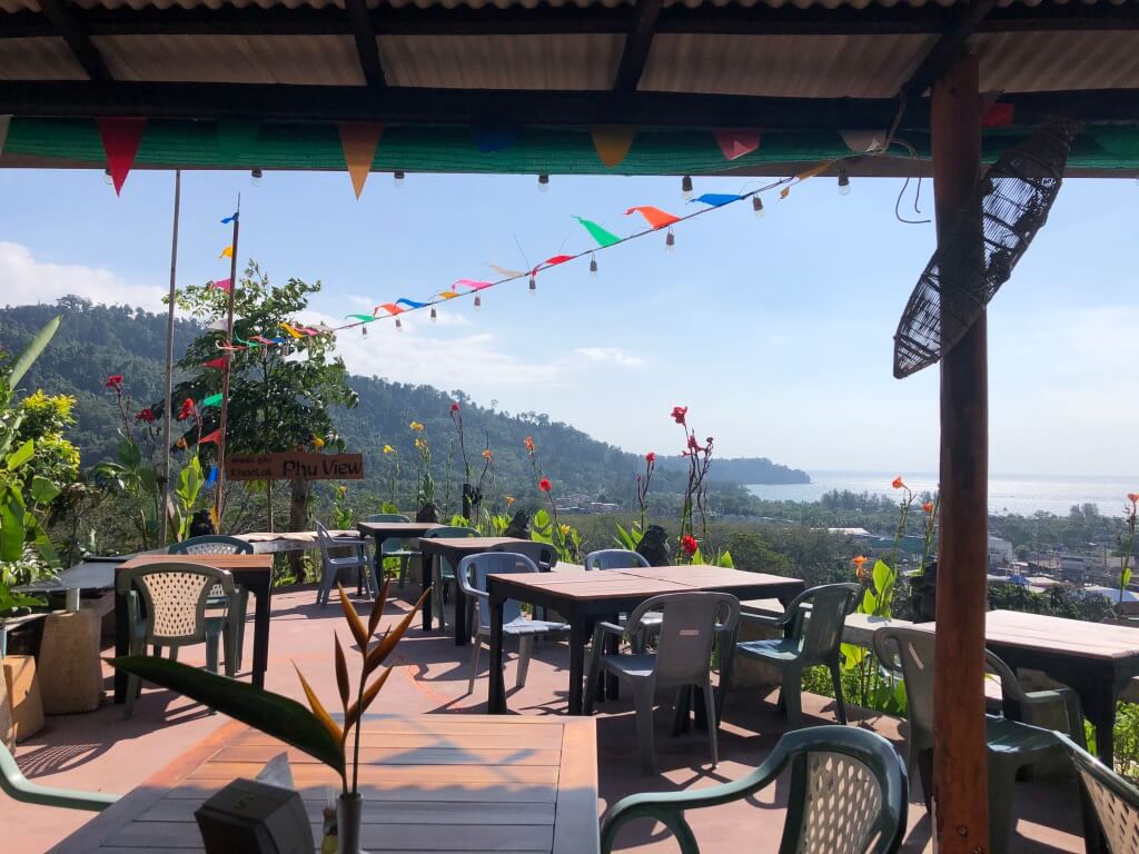A restaurant veranda with a view over the Andaman Ocean